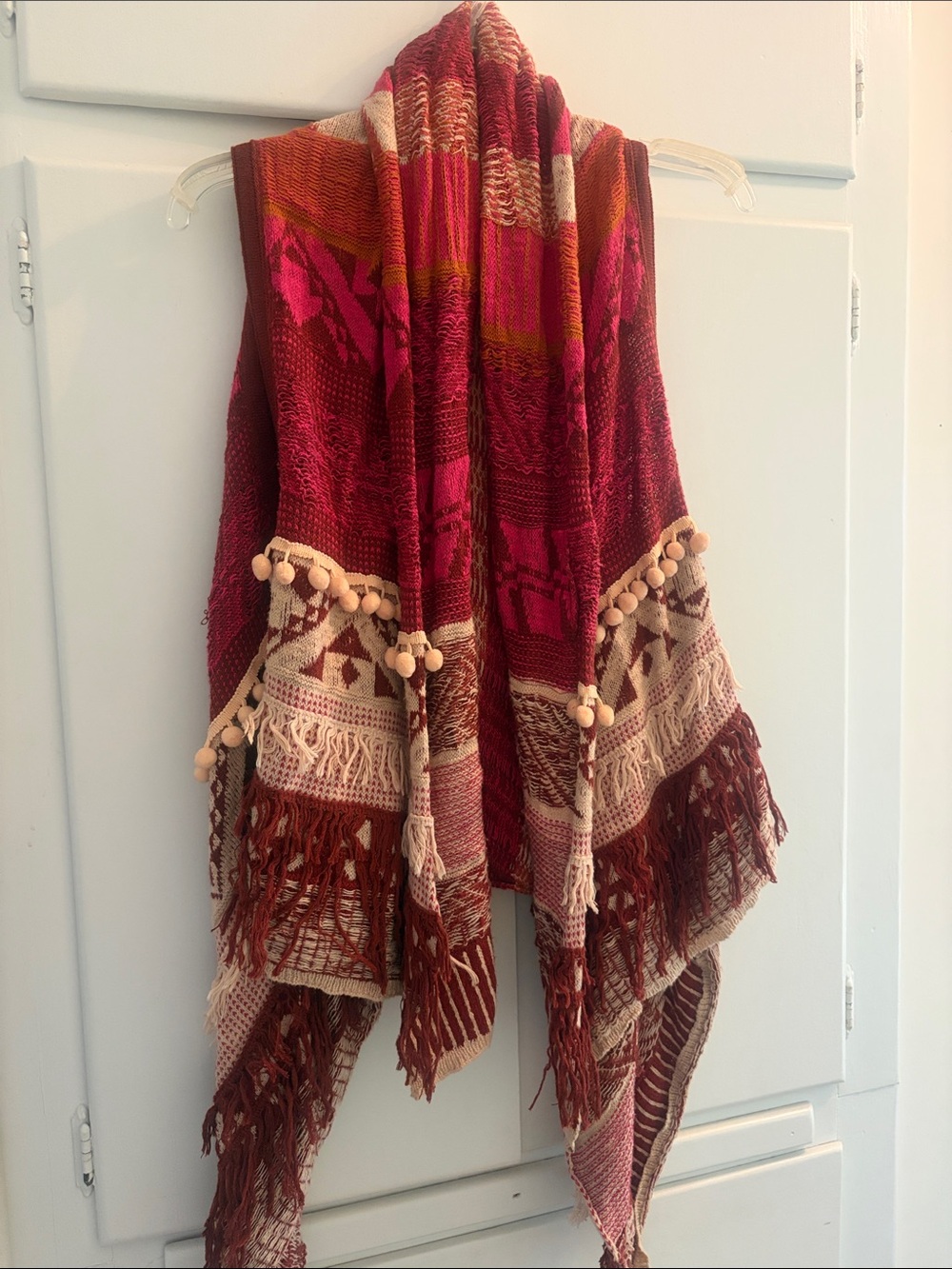Fringed Boho Sweater Shawl in Burgundy and Cream
